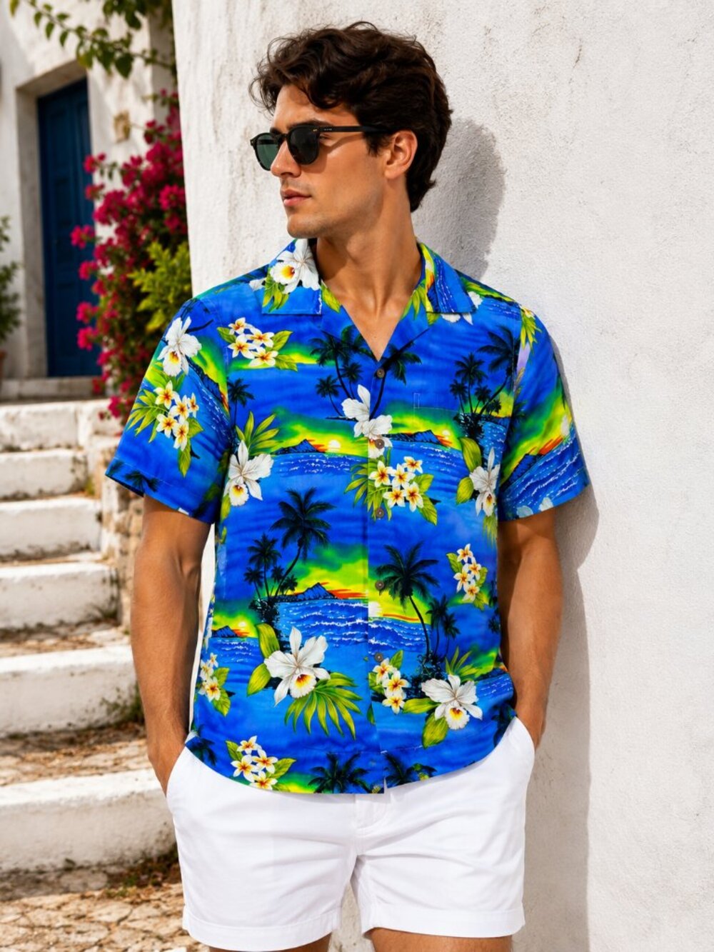 Hawaiian Blue Button Up Shirt Small Y2K